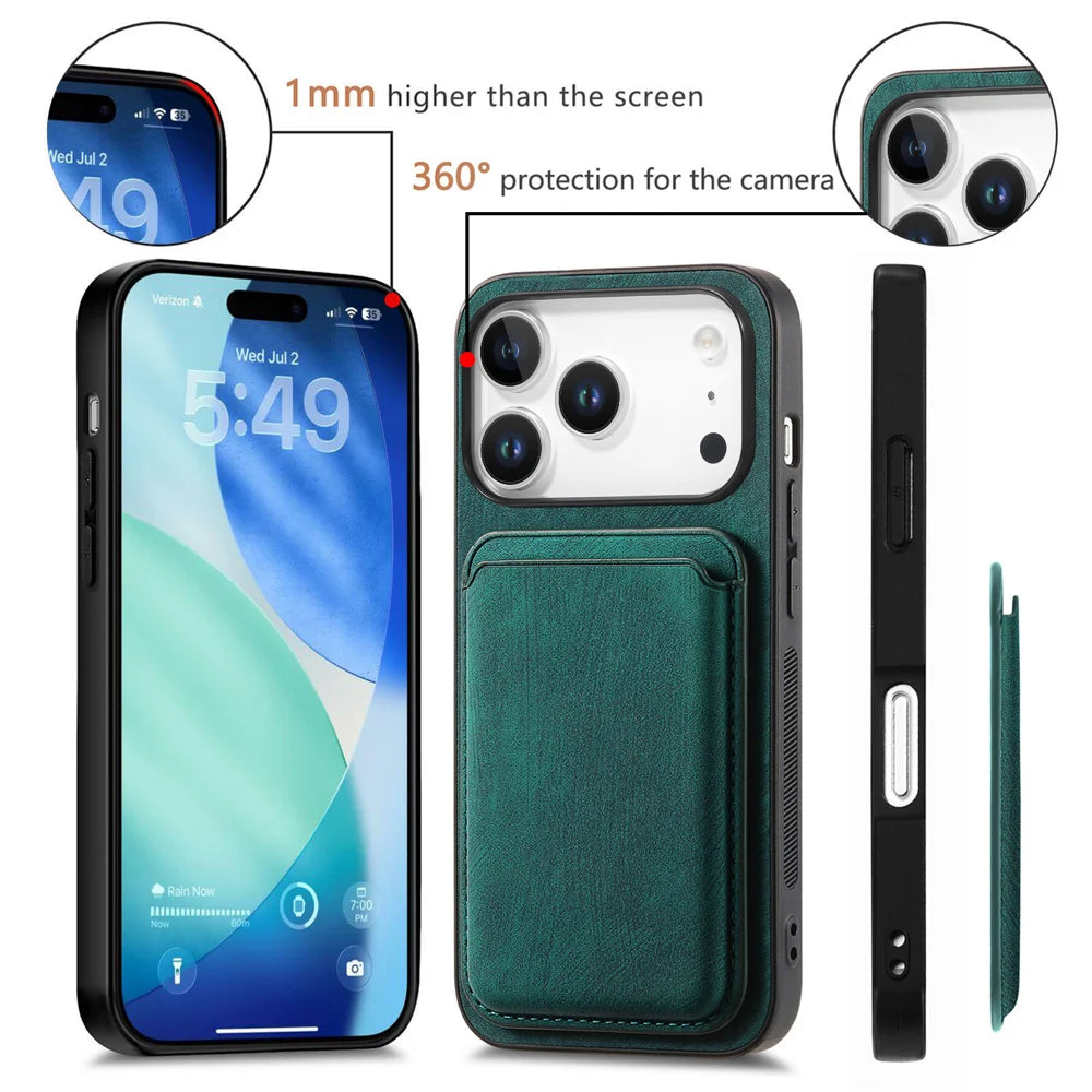 For iPhone 17 Pro Case Compatible with MagSafe Leather Back Cover with Detachable Card Holder - Green - 7