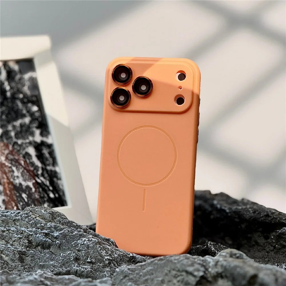 For iPhone 17 Pro Max Magnetic Case Matte Skin Touch TPU Phone Back Cover with Tempered Glass Lens Film - Orange - 1