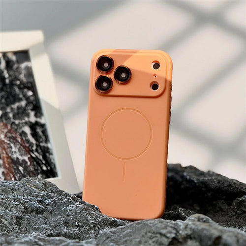 For iPhone 17 Pro Max Magnetic Case Matte Skin Touch TPU Phone Back Cover with Tempered Glass Lens Film - Orange - 1