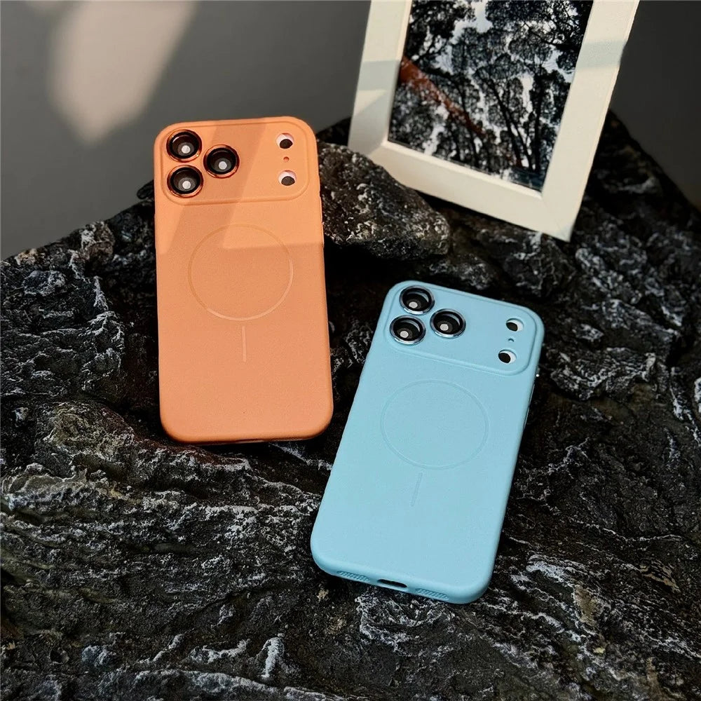 For iPhone 17 Pro Max Magnetic Case Matte Skin Touch TPU Phone Back Cover with Tempered Glass Lens Film - Orange - 3