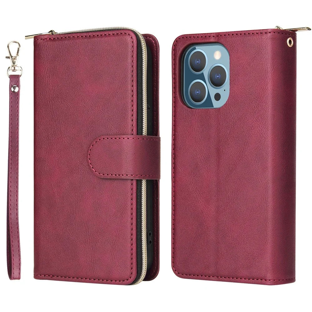 Drop-proof Phone Case For iPhone 13 Pro 6.1 inch, Flip Stand Wallet PU Leather Magnetic Zipper Pocket Smartphone Cover 9 Card Slots with Strap - Wine Red - 1