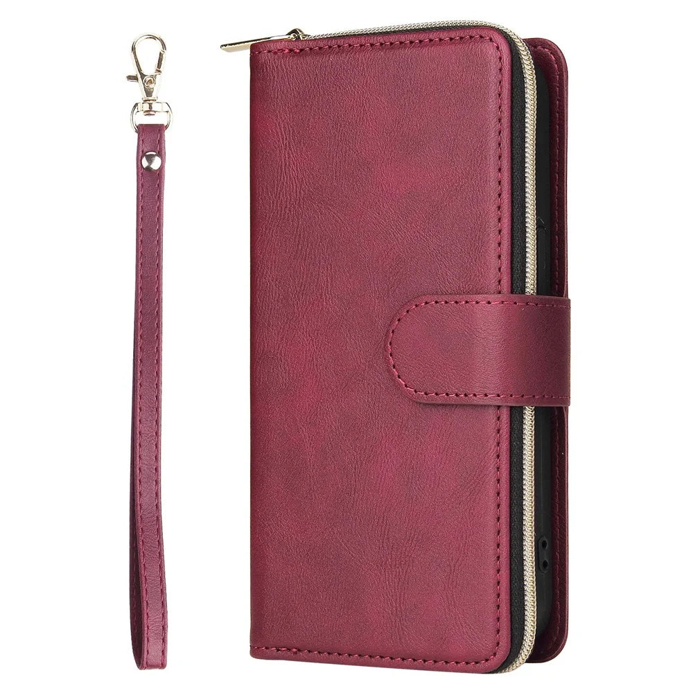 Drop-proof Phone Case For iPhone 13 Pro 6.1 inch, Flip Stand Wallet PU Leather Magnetic Zipper Pocket Smartphone Cover 9 Card Slots with Strap - Wine Red - 2