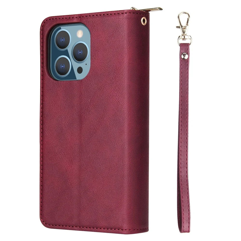 Drop-proof Phone Case For iPhone 13 Pro 6.1 inch, Flip Stand Wallet PU Leather Magnetic Zipper Pocket Smartphone Cover 9 Card Slots with Strap - Wine Red - 3