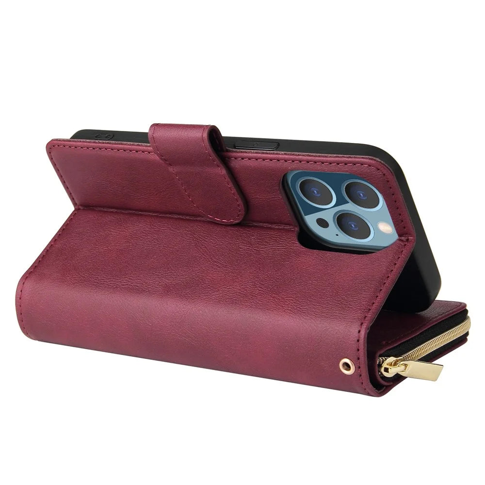 Drop-proof Phone Case For iPhone 13 Pro 6.1 inch, Flip Stand Wallet PU Leather Magnetic Zipper Pocket Smartphone Cover 9 Card Slots with Strap - Wine Red - 4