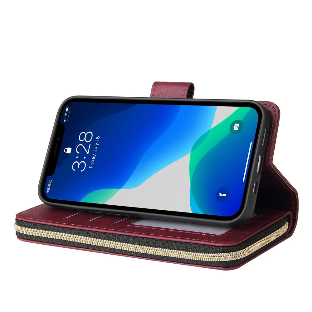 Drop-proof Phone Case For iPhone 13 Pro 6.1 inch, Flip Stand Wallet PU Leather Magnetic Zipper Pocket Smartphone Cover 9 Card Slots with Strap - Wine Red - 5