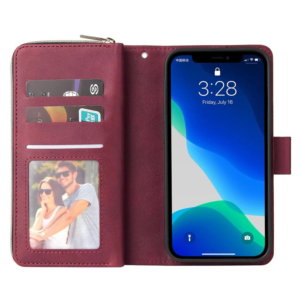 Drop-proof Phone Case For iPhone 13 Pro 6.1 inch, Flip Stand Wallet PU Leather Magnetic Zipper Pocket Smartphone Cover 9 Card Slots with Strap - Wine Red - 6