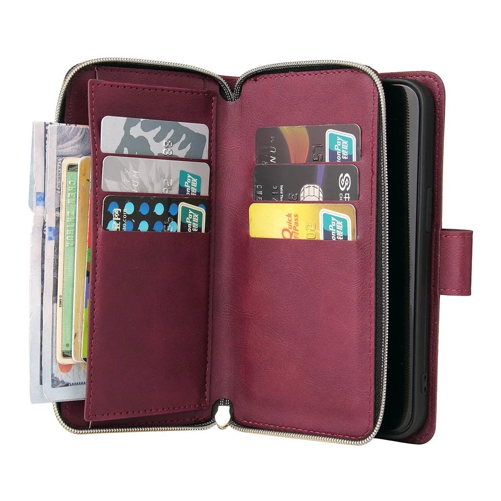 Drop-proof Phone Case For iPhone 13 Pro 6.1 inch, Flip Stand Wallet PU Leather Magnetic Zipper Pocket Smartphone Cover 9 Card Slots with Strap - Wine Red - 7