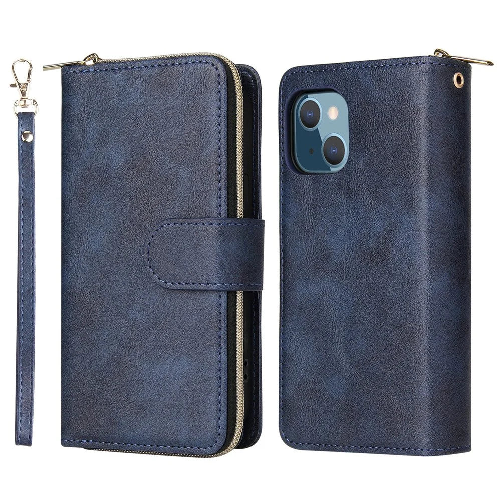 Zipper Pocket Cell Phone Cover For iPhone 13 6.1 inch, Magnetic PU Leather Phone Case 9 Card Holder Slots Flip Stand Wallet with Strap - Blue - 1
