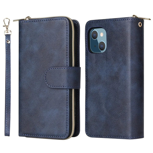 Zipper Pocket Cell Phone Cover For iPhone 13 6.1 inch, Magnetic PU Leather Phone Case 9 Card Holder Slots Flip Stand Wallet with Strap - Blue - 1
