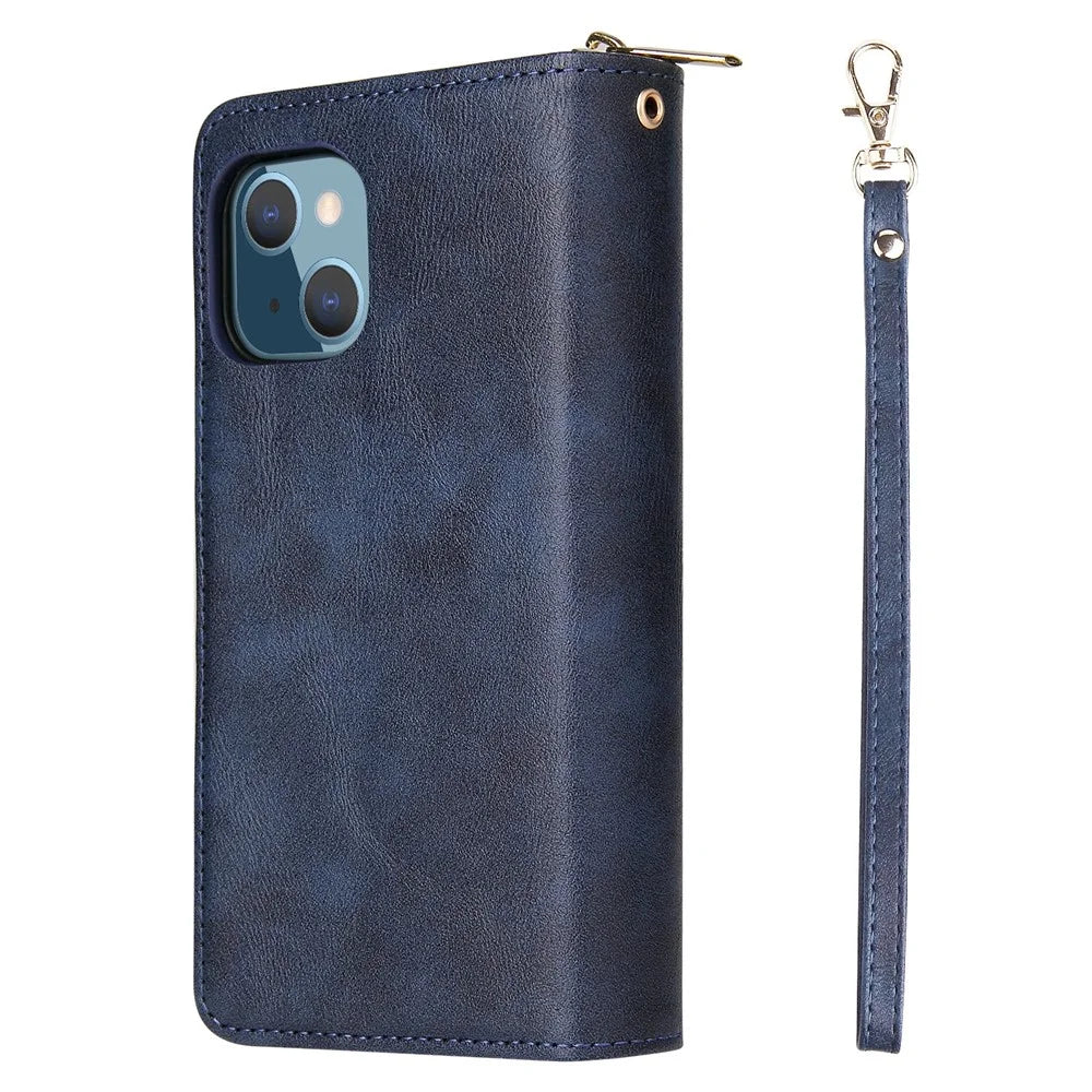 Zipper Pocket Cell Phone Cover For iPhone 13 6.1 inch, Magnetic PU Leather Phone Case 9 Card Holder Slots Flip Stand Wallet with Strap - Blue - 3