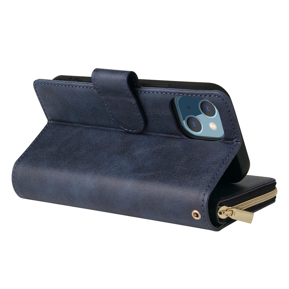 Zipper Pocket Cell Phone Cover For iPhone 13 6.1 inch, Magnetic PU Leather Phone Case 9 Card Holder Slots Flip Stand Wallet with Strap - Blue - 4