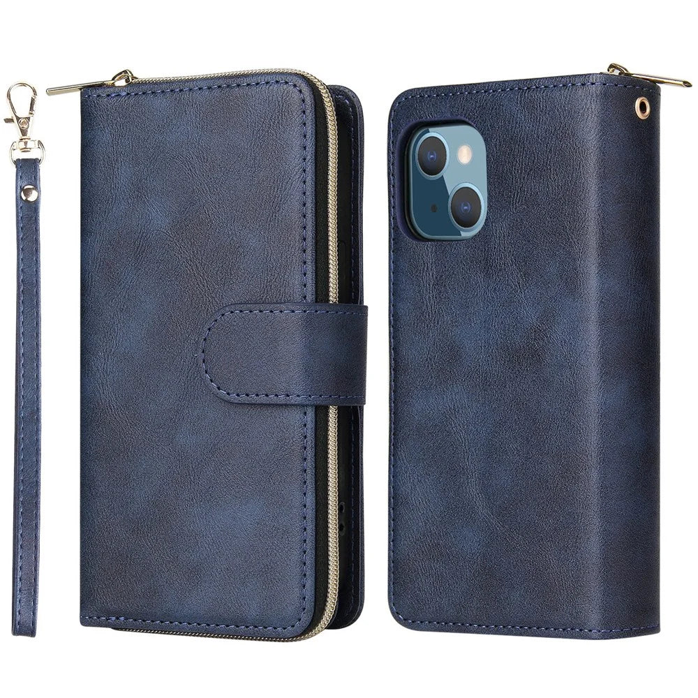 For iPhone 13 mini 5.4 inch Shockproof PU Leather Phone Case 9 Card Holder Slots Magnetic Closure Zipper Pocket Flip Wallet Stand Protective Phone Cover with Strap - Blue - 1