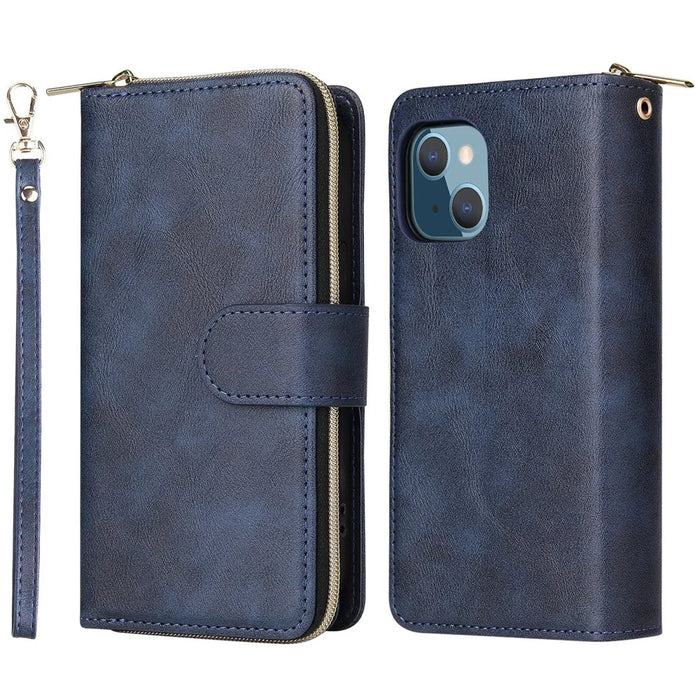 For iPhone 13 mini 5.4 inch Shockproof PU Leather Phone Case 9 Card Holder Slots Magnetic Closure Zipper Pocket Flip Wallet Stand Protective Phone Cover with Strap - Blue - 1