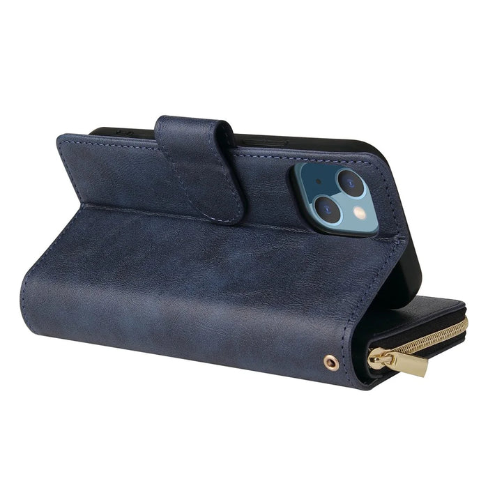 For iPhone 13 mini 5.4 inch Shockproof PU Leather Phone Case 9 Card Holder Slots Magnetic Closure Zipper Pocket Flip Wallet Stand Protective Phone Cover with Strap - Blue - 4