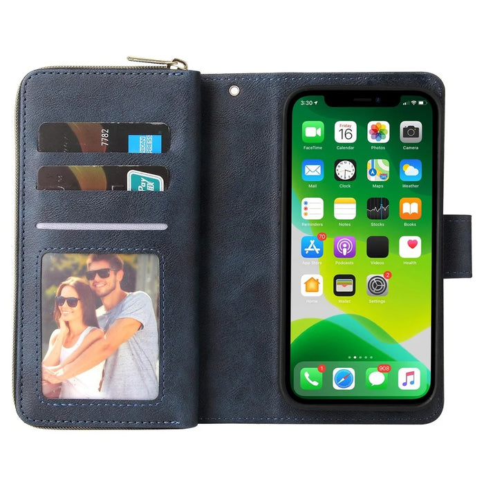 For iPhone 13 mini 5.4 inch Shockproof PU Leather Phone Case 9 Card Holder Slots Magnetic Closure Zipper Pocket Flip Wallet Stand Protective Phone Cover with Strap - Blue - 6