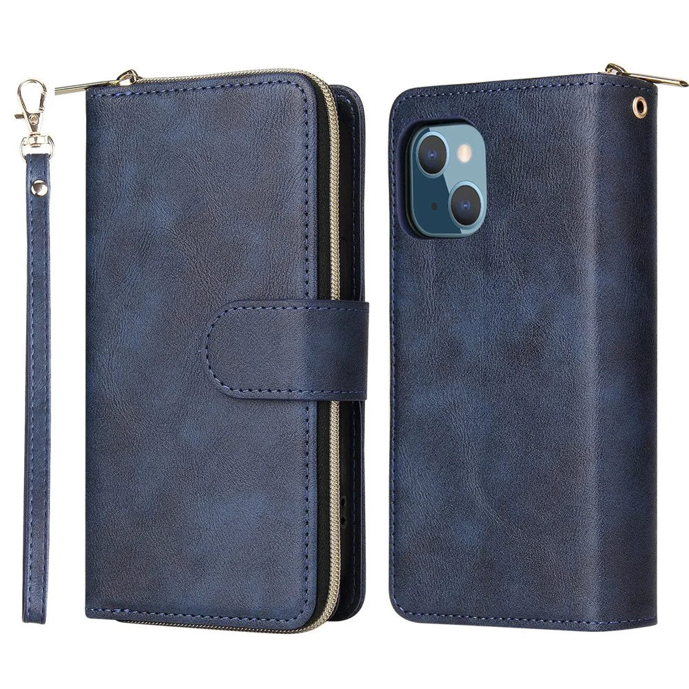 Anti-scratch PU Leather Phone Case For iPhone 14 Plus, 9 Card Holder Slots Magnetic Closure Zipper Pocket Flip Wallet Cover Stand with Strap - Blue - 1