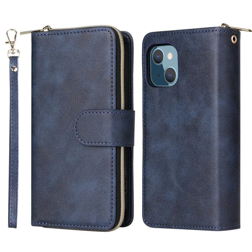 Anti-scratch PU Leather Phone Case For iPhone 14 Plus, 9 Card Holder Slots Magnetic Closure Zipper Pocket Flip Wallet Cover Stand with Strap - Blue - 1