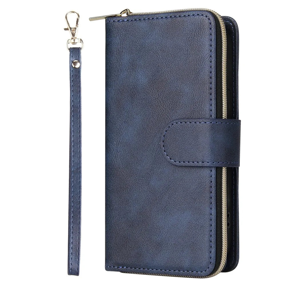 Anti-scratch PU Leather Phone Case For iPhone 14 Plus, 9 Card Holder Slots Magnetic Closure Zipper Pocket Flip Wallet Cover Stand with Strap - Blue - 2