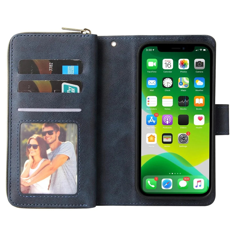 Anti-scratch PU Leather Phone Case For iPhone 14 Plus, 9 Card Holder Slots Magnetic Closure Zipper Pocket Flip Wallet Cover Stand with Strap - Blue - 6