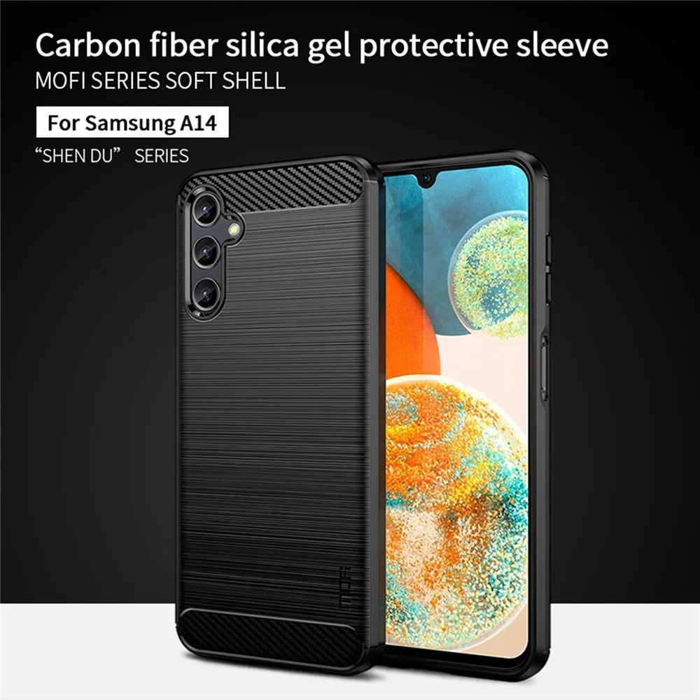 MOFI JK TPU Series-1 for Samsung Galaxy A14 5G / A14 4G Soft TPU Brushed Protective Cover Carbon Fiber Texture Anti-scratch Phone Case - Blue - 2