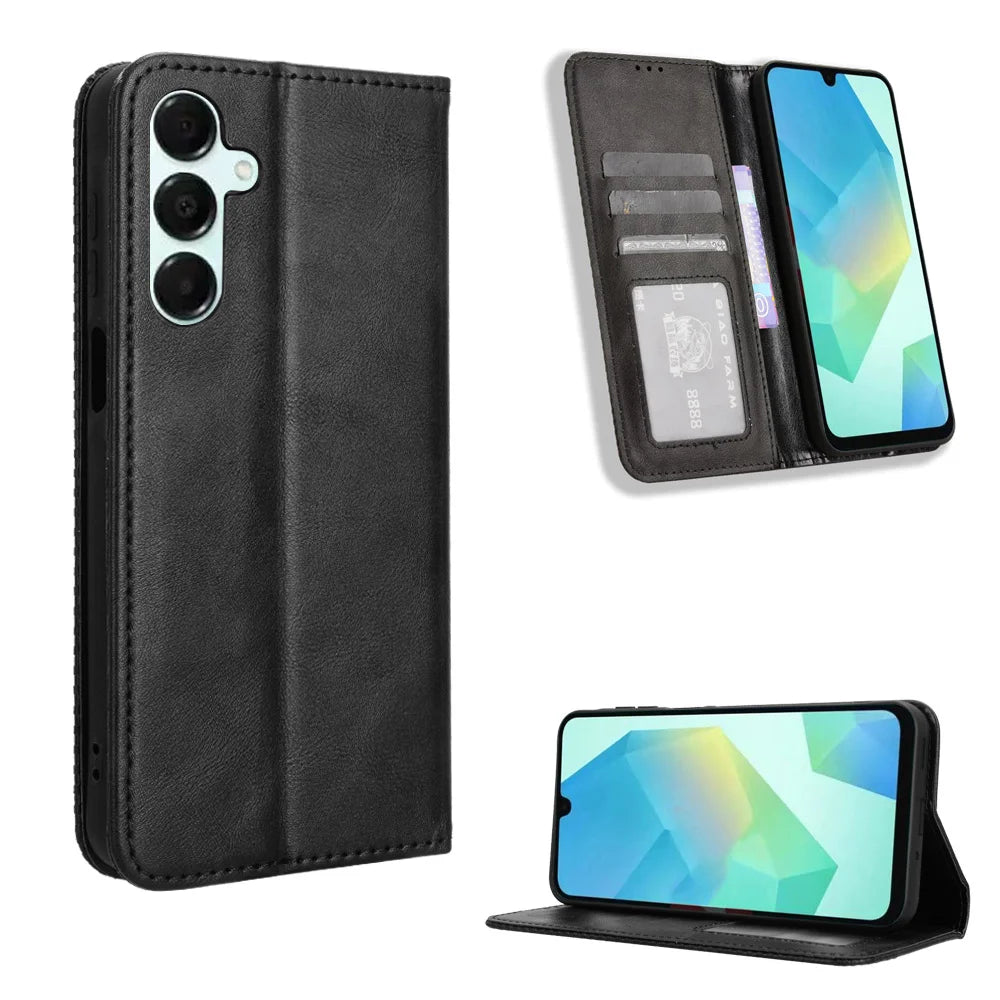 For Samsung Galaxy A18 5G / A18 4G / A17 5G / A17 4G / A26 5G / A16 5G / A16 4G Leather Case Wallet Stand Retro Texture Phone Cover - Black - 1