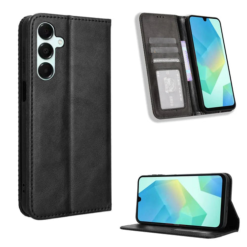 For Samsung Galaxy A18 5G / A18 4G / A17 5G / A17 4G / A26 5G / A16 5G / A16 4G Leather Case Wallet Stand Retro Texture Phone Cover - Black - 1