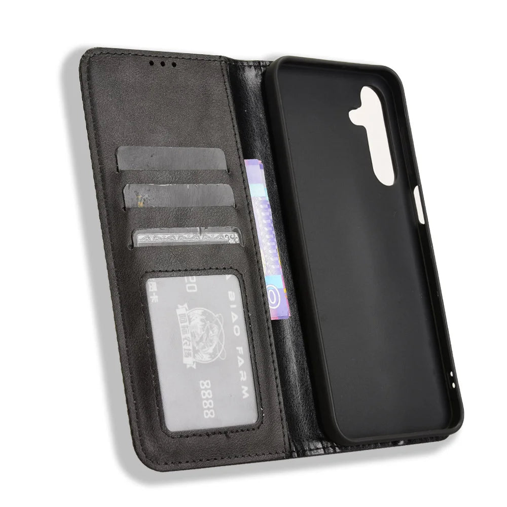 For Samsung Galaxy A18 5G / A18 4G / A17 5G / A17 4G / A26 5G / A16 5G / A16 4G Leather Case Wallet Stand Retro Texture Phone Cover - Black - 5