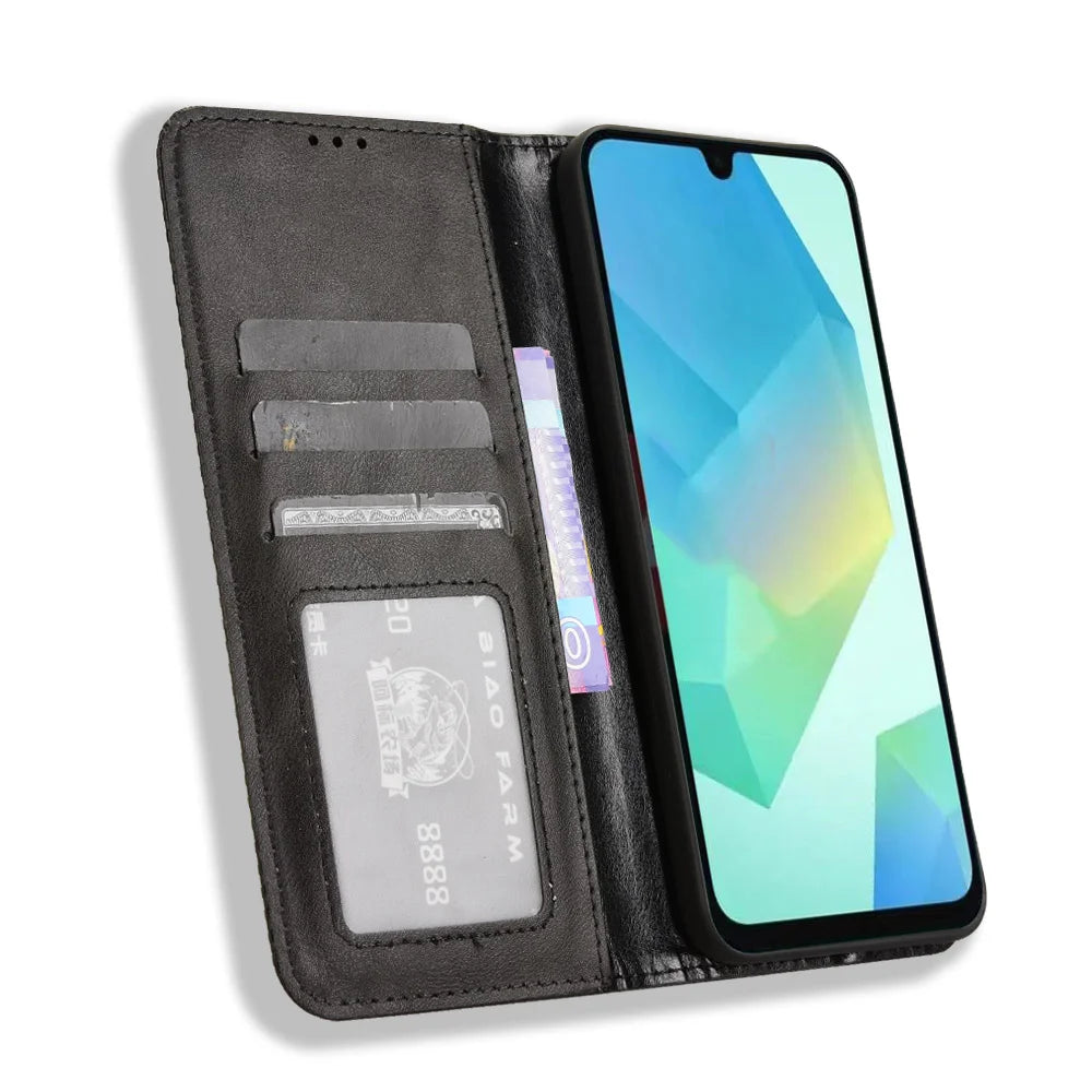 For Samsung Galaxy A18 5G / A18 4G / A17 5G / A17 4G / A26 5G / A16 5G / A16 4G Leather Case Wallet Stand Retro Texture Phone Cover - Black - 6