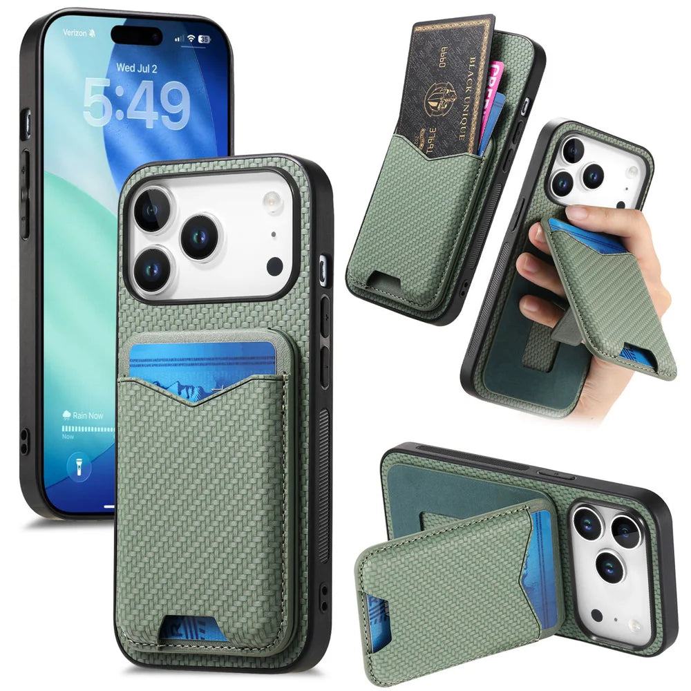 For iPhone 17 Pro Case Card Holder Kickstand Carbon Fiber Texture Back Cover - Green - 1
