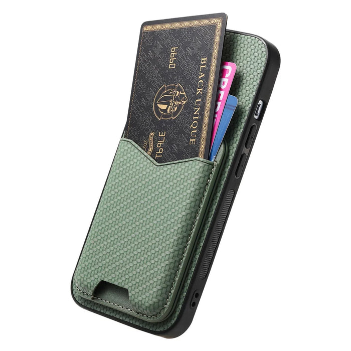 For iPhone 17 Pro Case Card Holder Kickstand Carbon Fiber Texture Back Cover - Green - 2