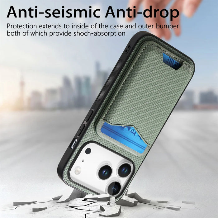For iPhone 17 Pro Case Card Holder Kickstand Carbon Fiber Texture Back Cover - Green - 6