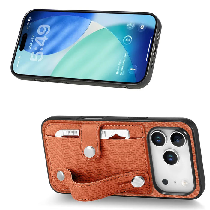 For iPhone 17 Pro Case Carbon Fiber Texture Leather Phone Back Cover with Card Holder - Brown - 1