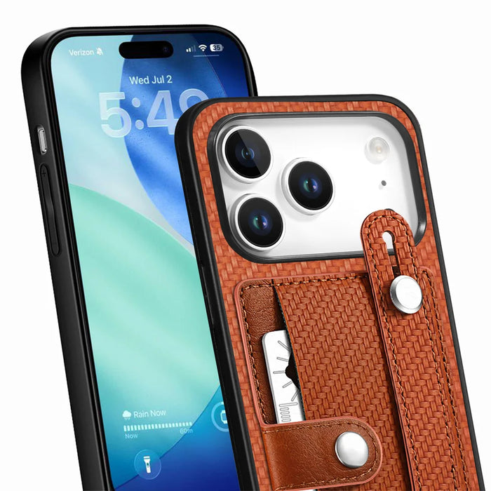 For iPhone 17 Pro Case Carbon Fiber Texture Leather Phone Back Cover with Card Holder - Brown - 2
