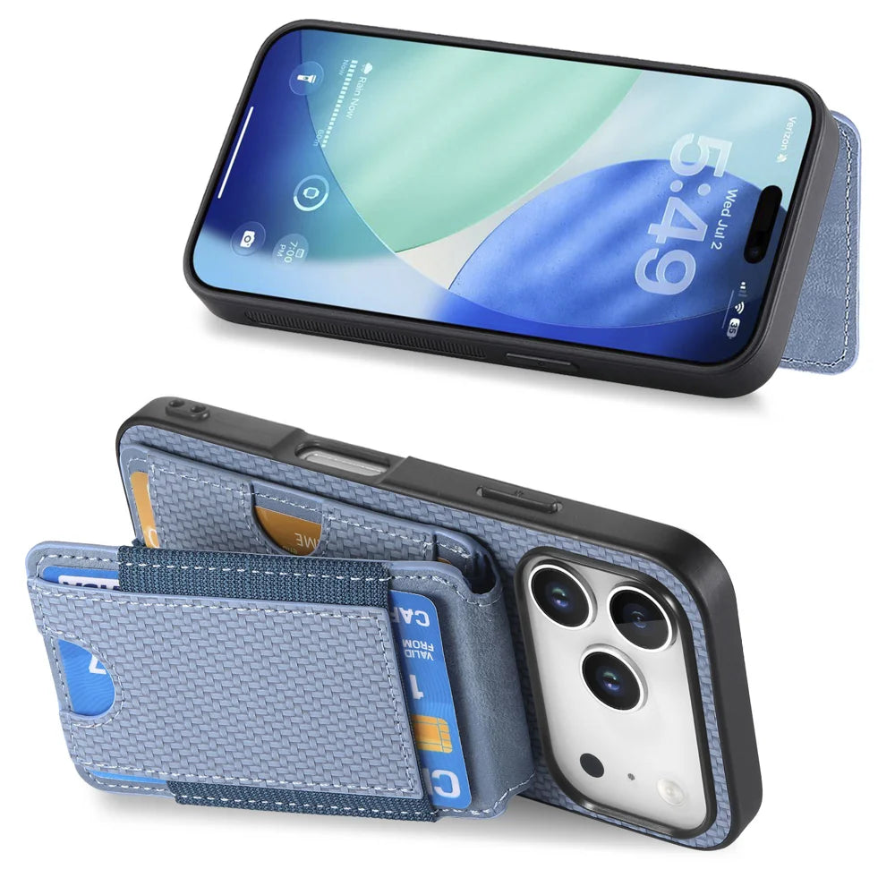 For iPhone 17 Pro Case with Card Holder Kickstand Leather Back Cover - Blue - 3