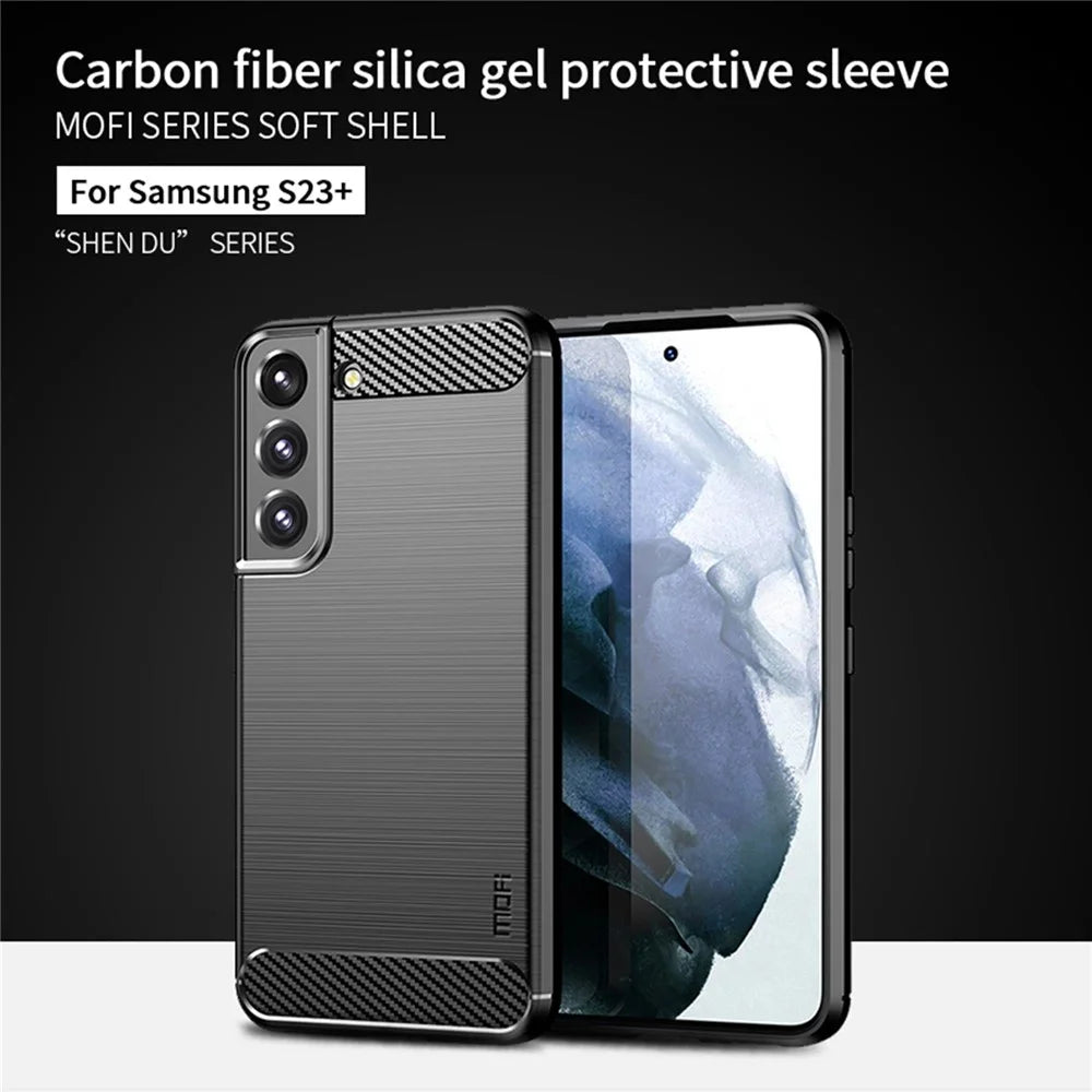 MOFI JK TPU Series-1 Phone Case for Samsung Galaxy S23+, Carbon Fiber Texture Drop Protection TPU Brushed Phone Cover - Black - 2