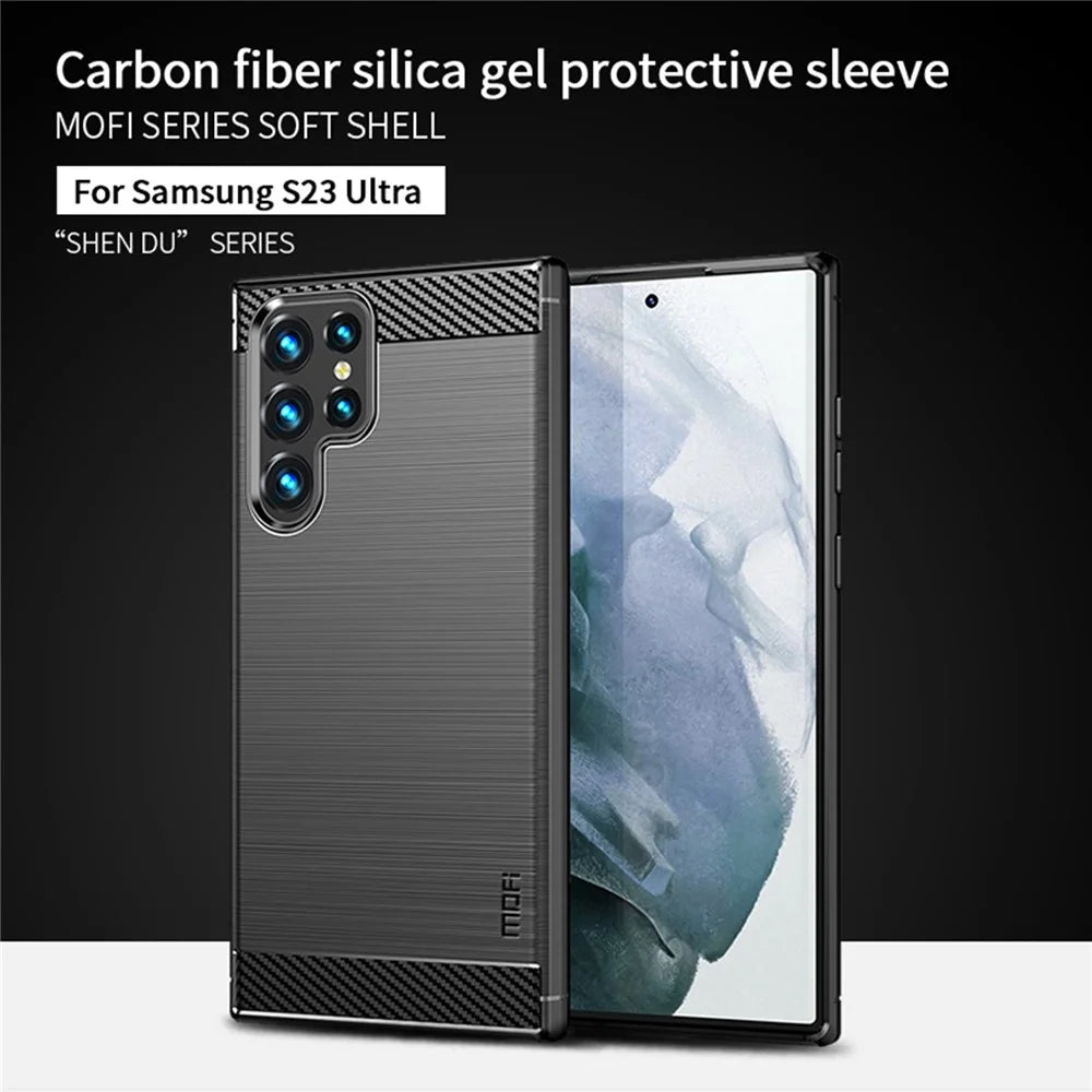 MOFI JK TPU Series-1 for Samsung Galaxy S23 Ultra Carbon Fiber Texture Anti-fingerprint Phone Case Soft TPU Brushed Protective Cover - Black - 2