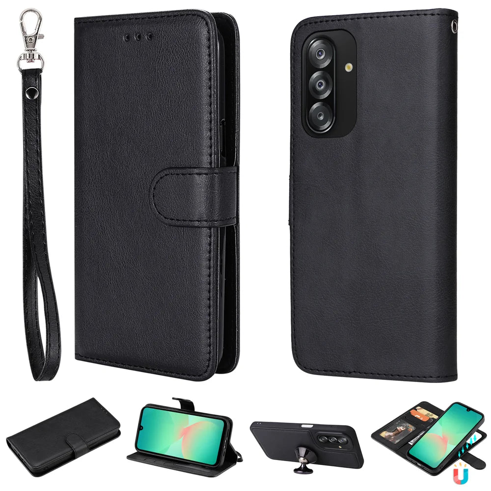 For Samsung Galaxy A26 5G / A16 4G / Galaxy A16 5G Case 2 in 1 Detachable Magnetic Leather Wallet Mobile Cover with Strap - Black - 1
