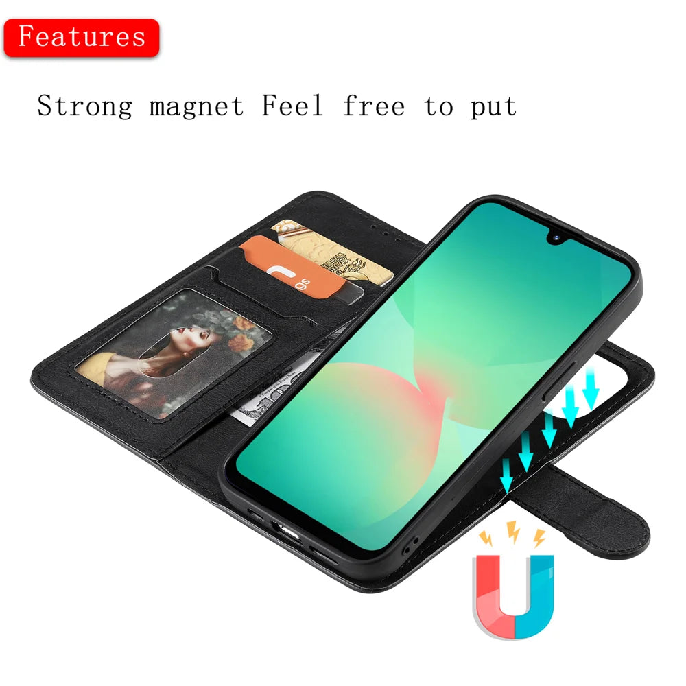 For Samsung Galaxy A26 5G / A16 4G / Galaxy A16 5G Case 2 in 1 Detachable Magnetic Leather Wallet Mobile Cover with Strap - Black - 3