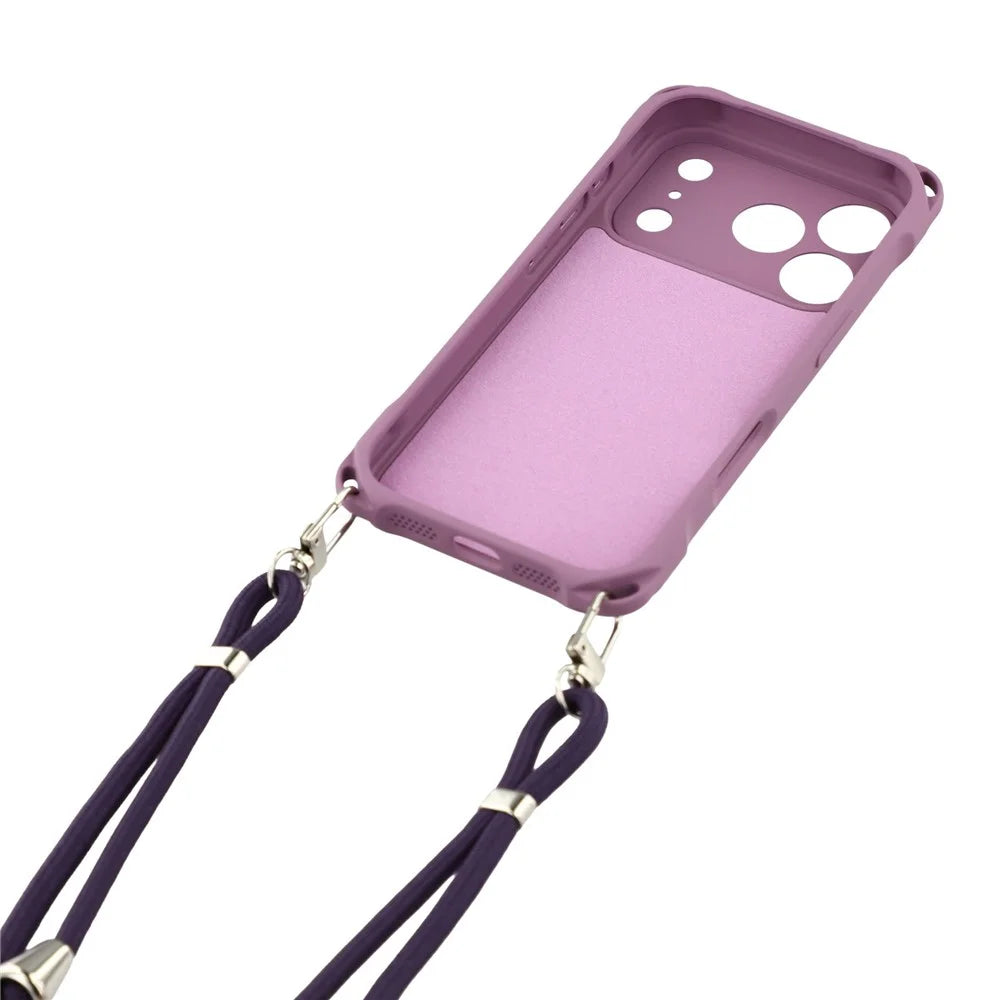 For iPhone 18 Pro Max / 17 Pro Max Case Four Corner Anti Drop TPU Phone Cover with 150cm Hanging Rope - Light Purple - 6