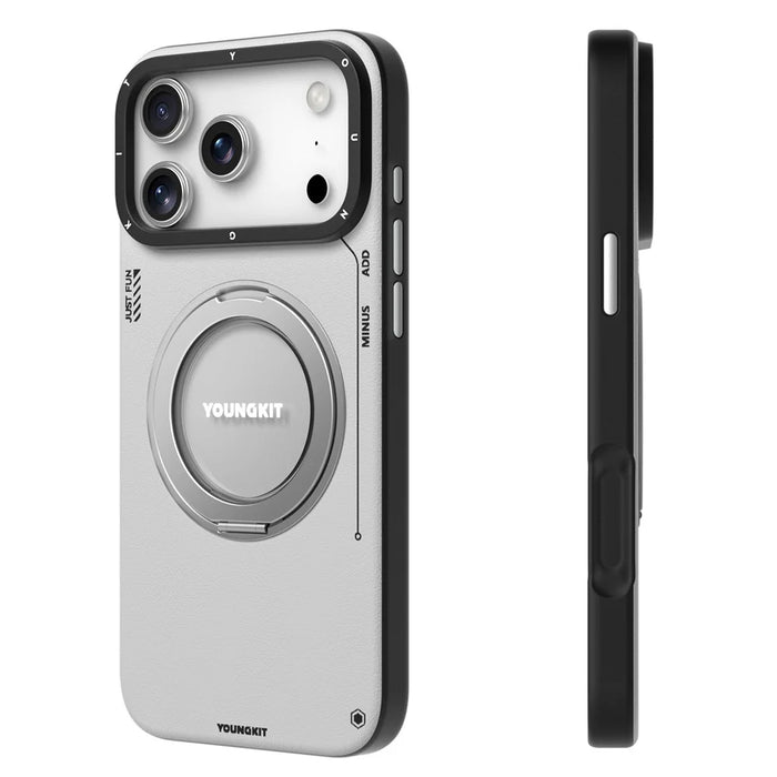 YOUNGKIT For iPhone 17 Pro Case Rotating Kickstand Shockproof TPU + PU Leather Phone Back Cover - Grey - 3