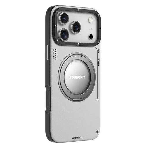 YOUNGKIT For iPhone 17 Pro Max Case Rotating Kickstand Shockproof TPU + PU Leather Phone Back Cover - Grey - 1