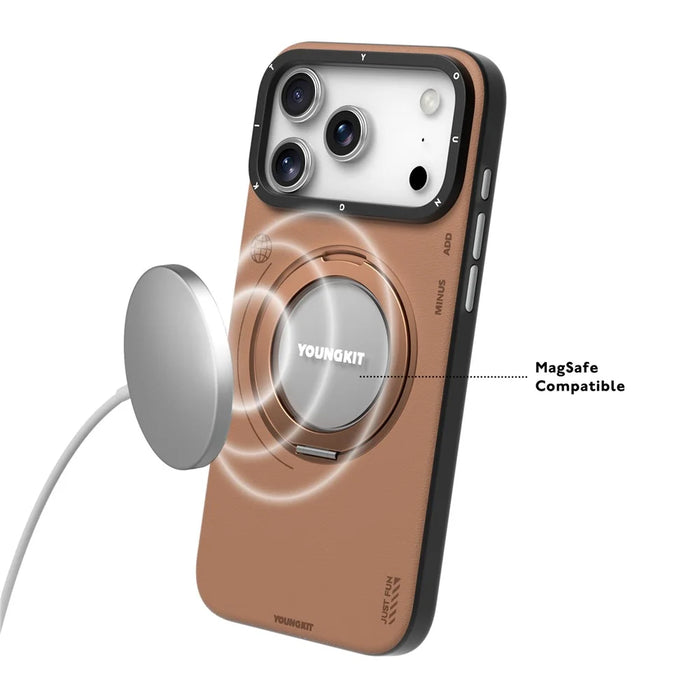 YOUNGKIT For iPhone 17 Pro Max Case Rotating Kickstand Shockproof TPU + PU Leather Phone Back Cover - Grey - 4