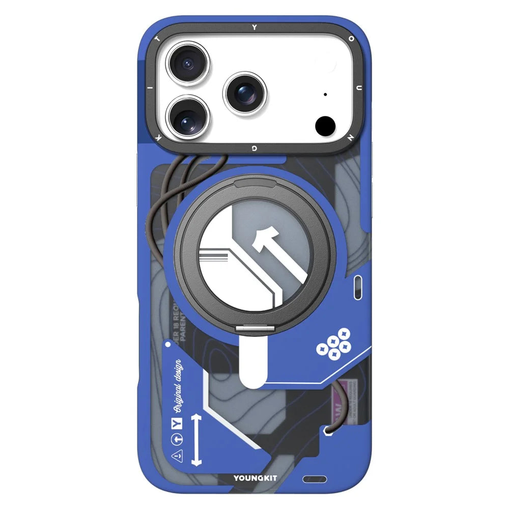 YOUNGKIT for iPhone 17 Pro Max Magnetic Case Rotating Kickstand IMD TPU Phone Cover - Blue - 1