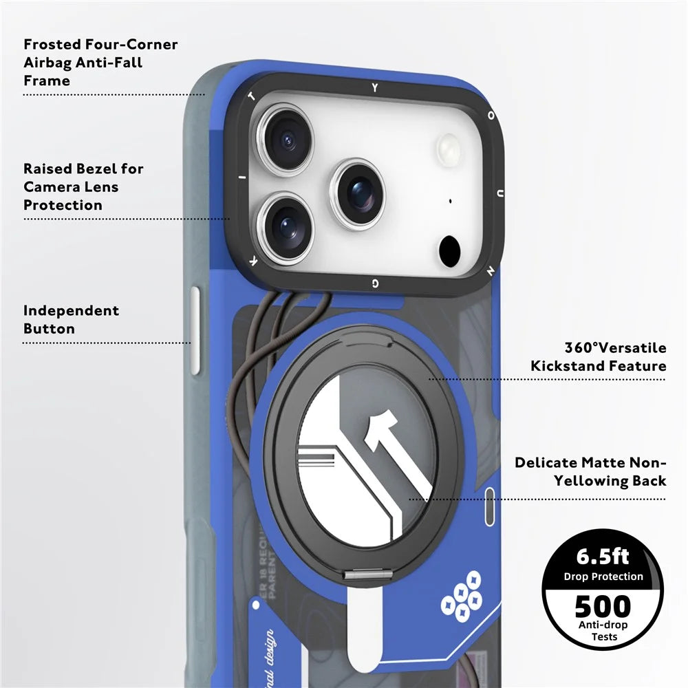 YOUNGKIT for iPhone 17 Pro Max Magnetic Case Rotating Kickstand IMD TPU Phone Cover - Blue - 3