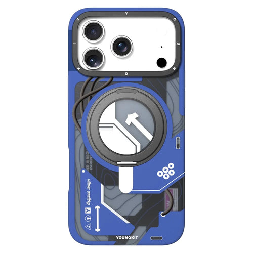 YOUNGKIT for iPhone 17 Pro Magnetic Case Rotating Kickstand IMD TPU Phone Cover - Blue - 1