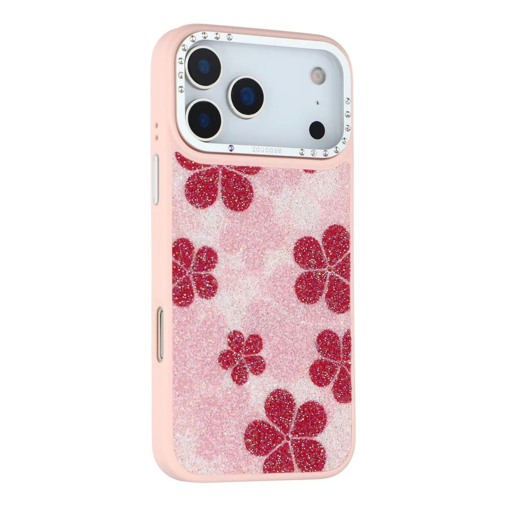 JAUCASE For iPhone 17 Pro Magnetic Case Glitter Flower Pattern PU + TPU + PC Phone Back Cover - Pink - 1
