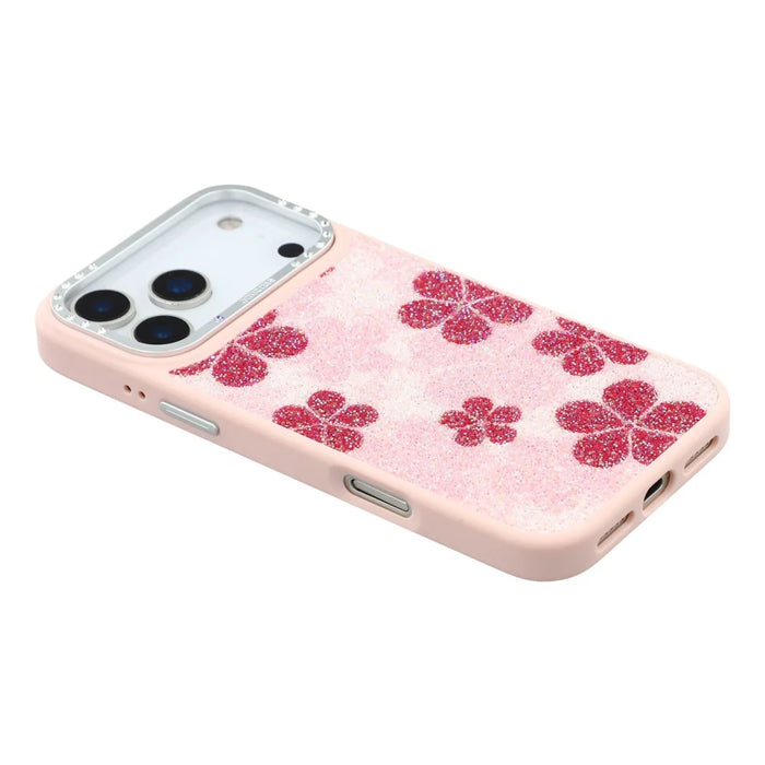 JAUCASE For iPhone 17 Pro Magnetic Case Glitter Flower Pattern PU + TPU + PC Phone Back Cover - Pink - 5