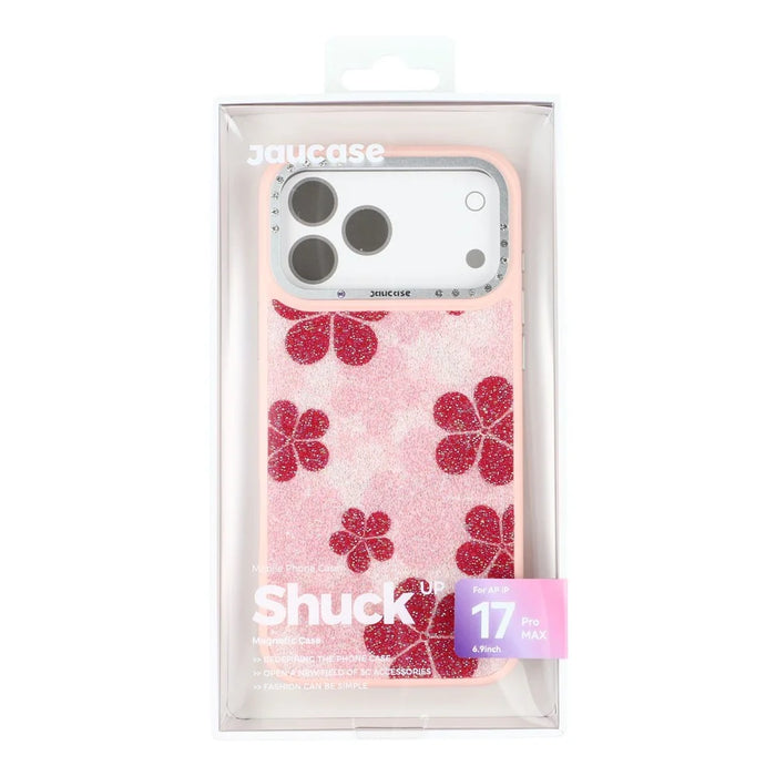 JAUCASE For iPhone 17 Pro Magnetic Case Glitter Flower Pattern PU + TPU + PC Phone Back Cover - Pink - 7