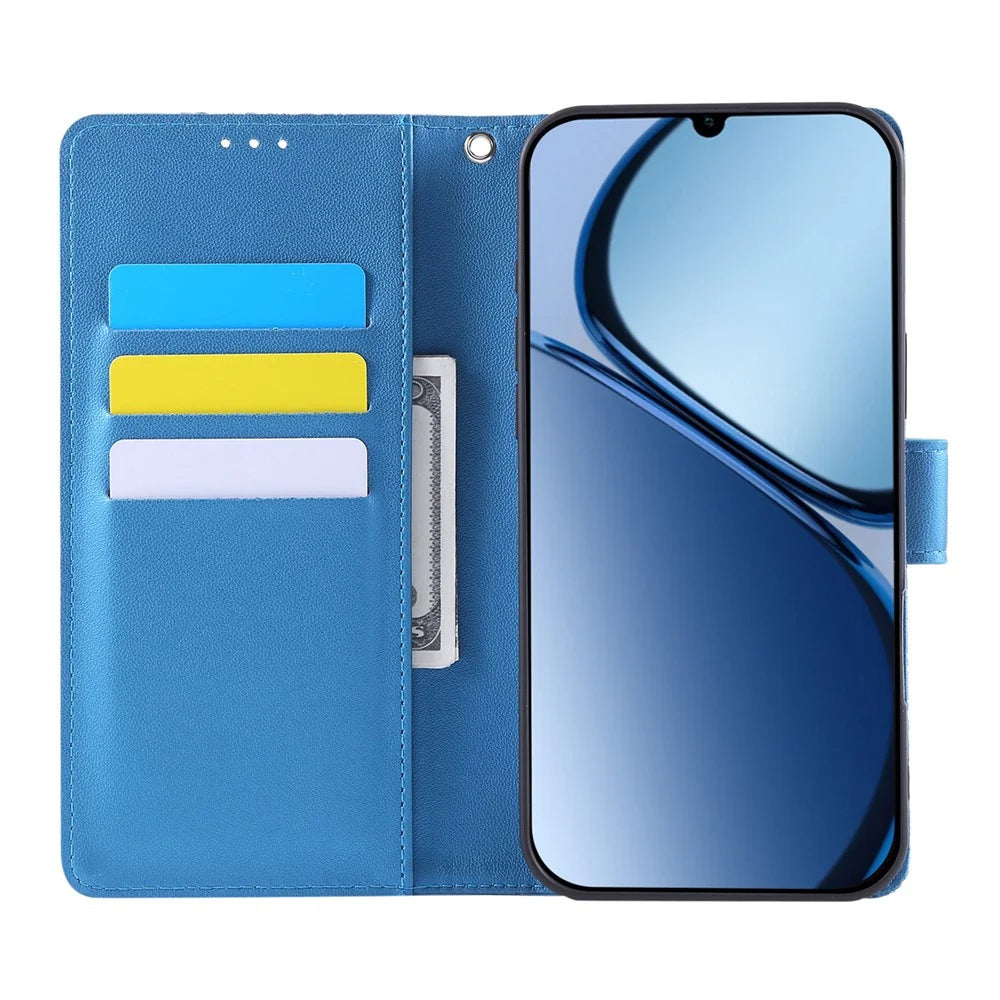 Leather Case for Realme C61 4G / C61 (India) 4G / C63 4G Rose Flower Wallet Phone Cover with 3 Card Slots / Wrist Strap - Blue - 2