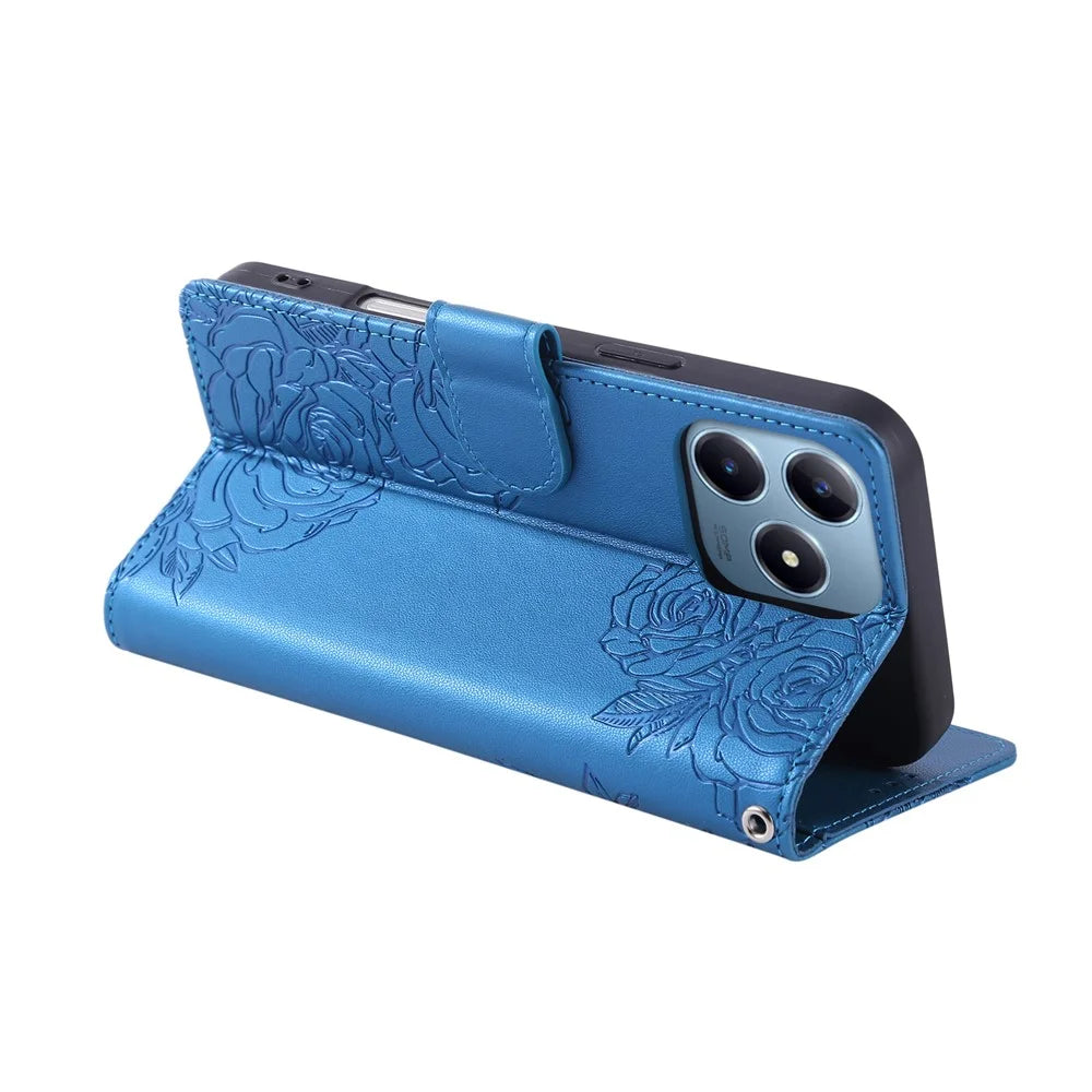 Leather Case for Realme C61 4G / C61 (India) 4G / C63 4G Rose Flower Wallet Phone Cover with 3 Card Slots / Wrist Strap - Blue - 3